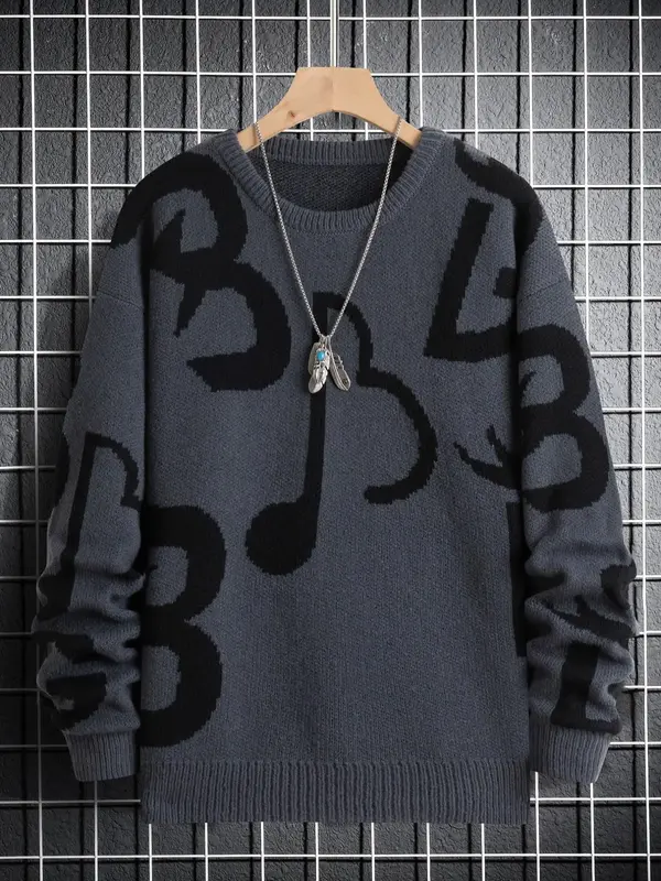 Men's Regular Fit Musical Note Print Round Neck Sweater Without Necklace, Casual Long Sleeve Crew Neck Jumper For Fall & Wint...