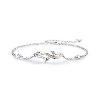 Sterling Silver Two-tone Circular Shaped Cubic Zirconia Rose & Infinity Symbol Charm Bracelet