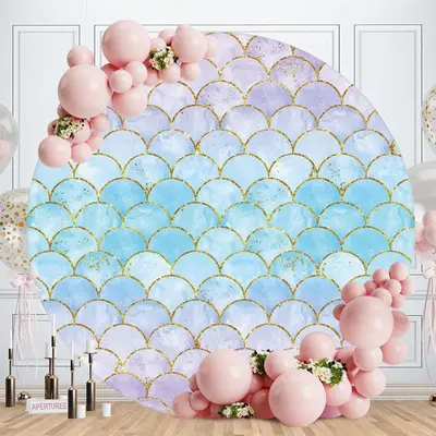 Aperturee Blue Glitter Round Mermaid Birthday Backdrop