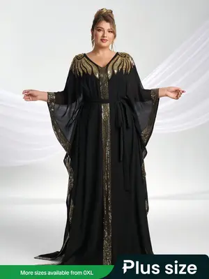 ćPlus Sizeć Glitter Sequins Belted Kaftan Dress, Elegant Long Sleeve V Neck Maxi Muslim Dress for Party Daily Wear, Women...