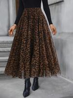 Women's Leopard Print Elastic Waist Flared Skirt, Elegant Fashion Casual Midi Skirt for Daily Outdoor Wear, Modern Women's Sk...