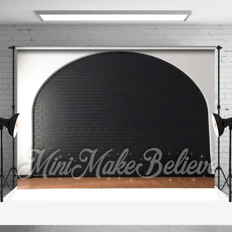 White Black Brick Wall Wooden Floor Photo Backdrop - Aperturee