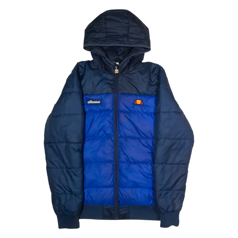 ELLESSE Mens Puffer Jacket Blue Hooded Colourblock M