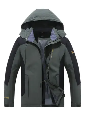 Men's Regular Fit Patchwork Drawstring Zip Up Hooded Jacket, Casual Long Sleeve Pocket Outerwear for Fall & Winter, Men's Clo...