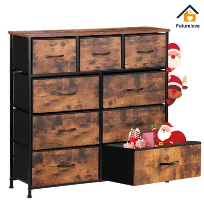 Tall Wooden Top Dresser Fabric Storage with 9 Fabric Bins Drawers, for Kid Room, Closet, Entryway, Nursery