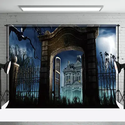 Foggy Villa Railing Scary Night Halloween Backdrop - Aperturee