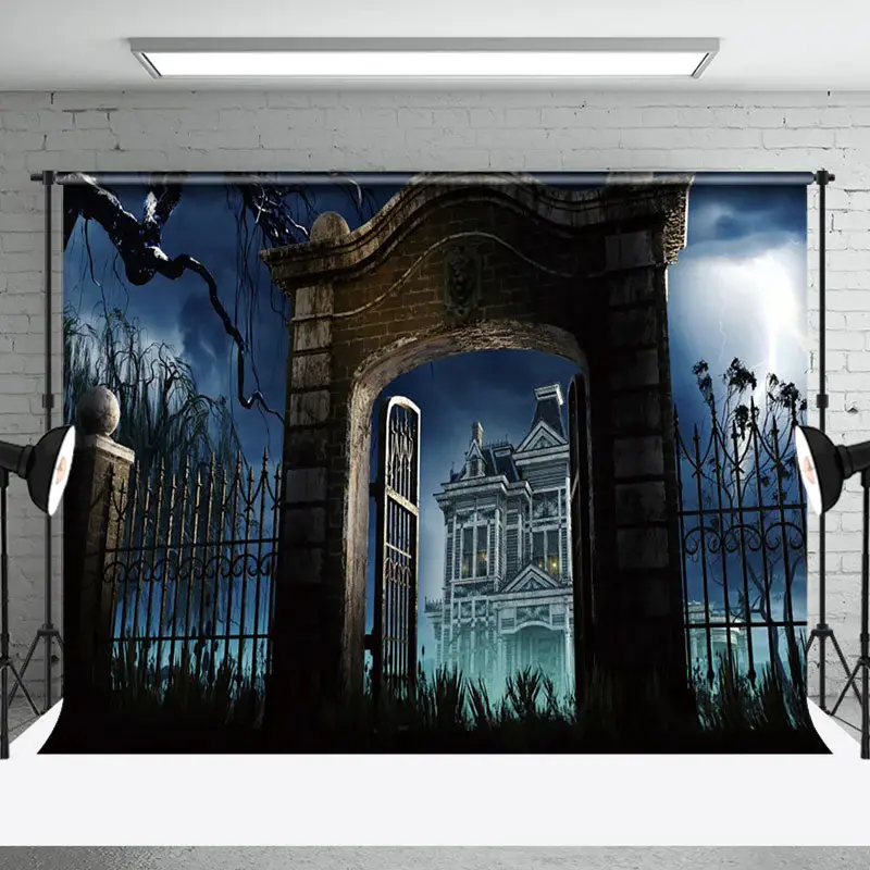 Foggy Villa Railing Scary Night Halloween Backdrop - Aperturee