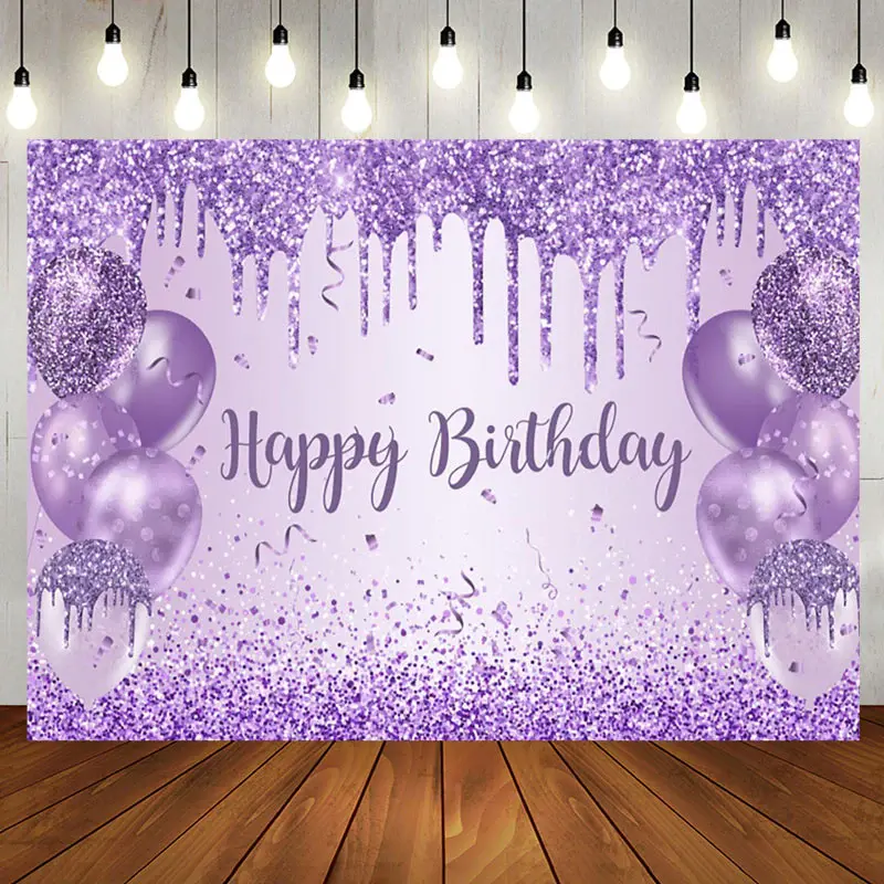 Aperturee Purple Balloon Glitter Happy Birthday Party Backdrop, 5X3FT(1.5X1M), 15.07 USD, birthday backdrops, NYHD1I17-E