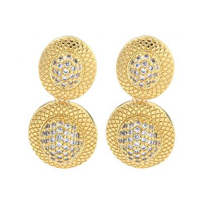 Oval Brass Pave Clear Cubic Zirconia Dangle Stud Earrings
