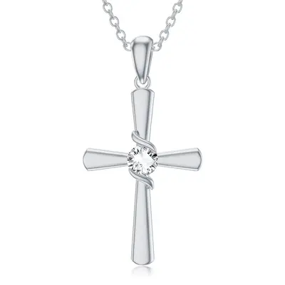 Sterling Silver Circular Shaped Cubic Zirconia Cross Pendant Necklace