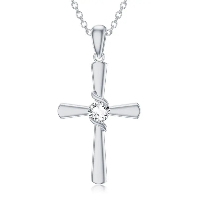 Sterling Silver Circular Shaped Cubic Zirconia Cross Pendant Necklace