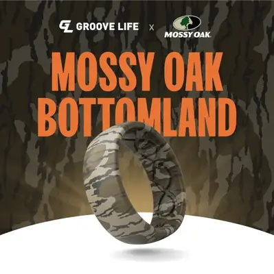 Groove Life x Mossy Oak Ring - Bottomland Camo Silicone Ring | Breathable, Comfortable, Camouflage Rubber Wedding Rings for M...