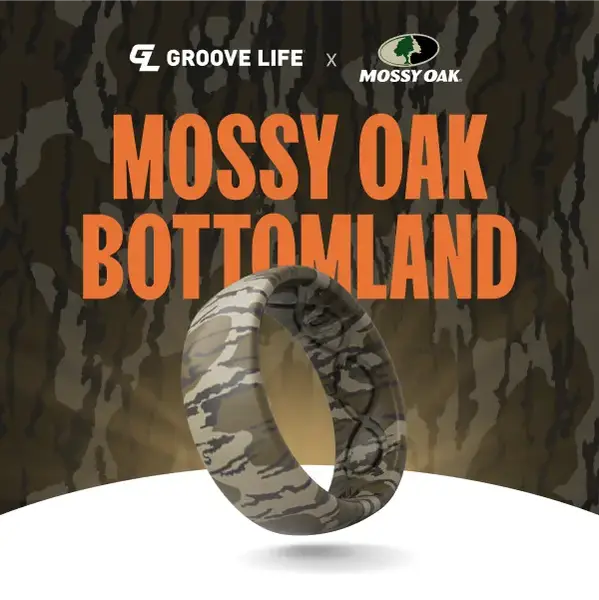 Groove Life x Mossy Oak Ring - Bottomland Camo Silicone Ring | Breathable, Comfortable, Camouflage Rubber Wedding Rings for M...