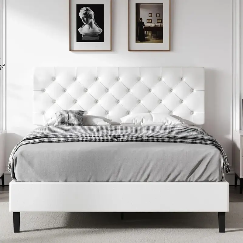 HOMBCK Bed Frame with Headboard, No Mattress, Upholstered Platform Bed with Button Tufted Design, No Box Spring Required, Eas...