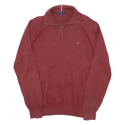 TOMMY HILFIGER Mens Jumper Maroon 1/4 Zip Tight Knit L