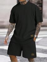2 Piece Set Men's Textured Patched Two-piece Set, Casual Regular Fit Short Sleeve Drop Shoulder Crewneck Tee & Drawstring Poc...