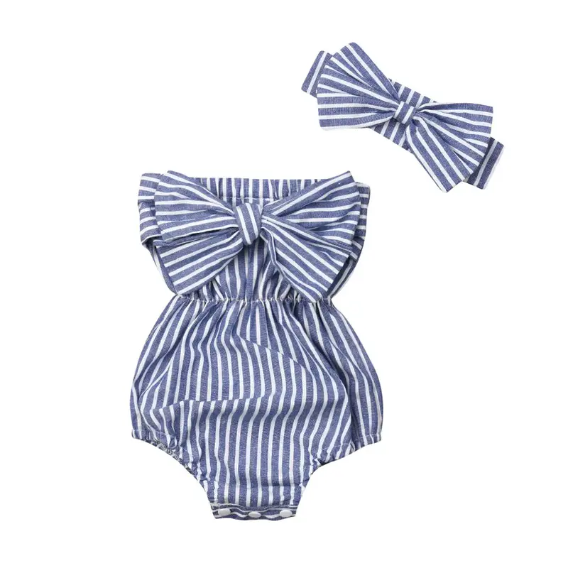 Infant Baby Girl Off Shoulder Bandeau Romper Summer Striped Bowknot Strapless Onesie Bodysuit Outfit Sets with Headband