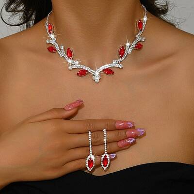 Leaf Brass Rhinestone Stud Dangle Earrings & Pendant Necklaces Set for Women