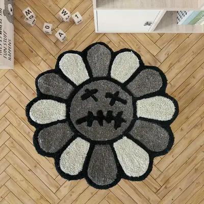 Round Floral Smiley Face Carpet, Gothic Halloween Decor Rug, Fashion Creative Flower Pattern Mat, Bedroom Living Room Decorat...