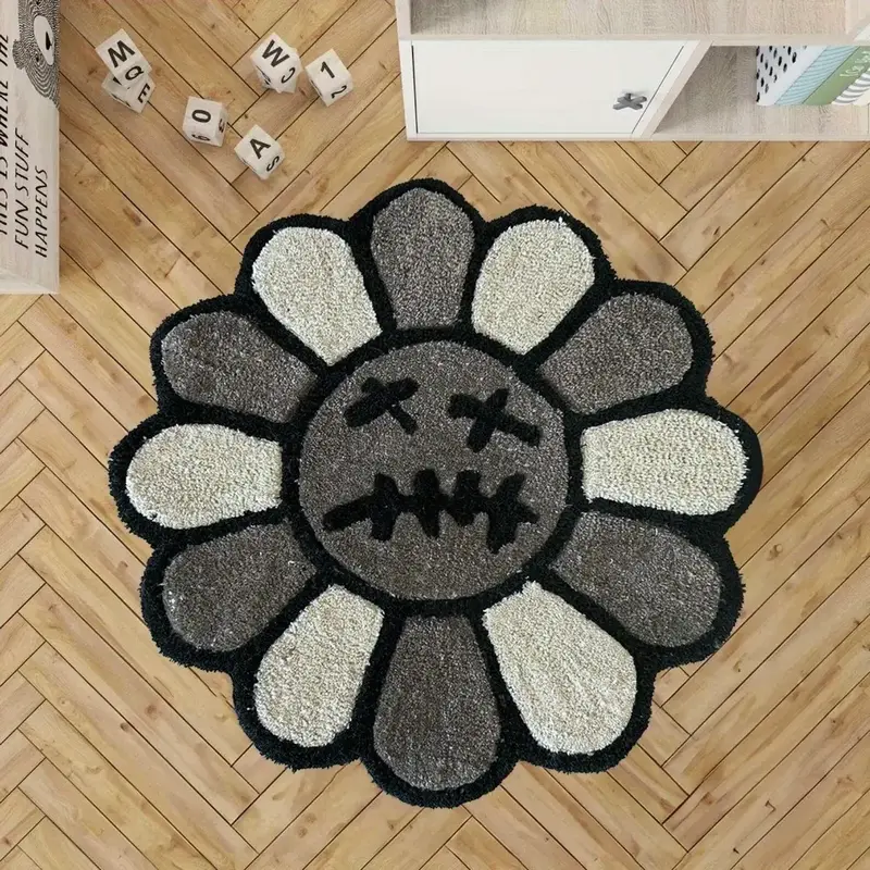 Round Floral Smiley Face Carpet, Gothic Halloween Decor Rug, Fashion Creative Flower Pattern Mat, Bedroom Living Room Decorat...