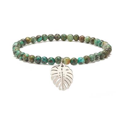Natural Australian Turquoise(Jasper) Round Beaded Stretch Bracelet with Leaf Charm