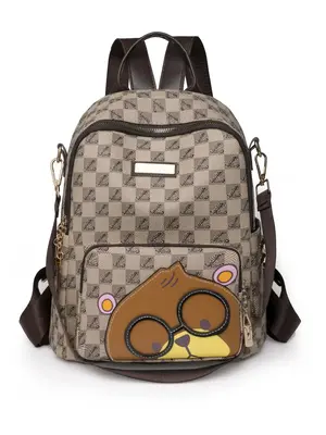 Cute Cartoon Bear Pattern Backpack for Summer, Plaid Print Zipper Backpacks for School for Women & Men, Large Capacity Bookb...