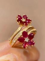 Vintage Flower Design Cuff Ring, Red Ring, Elegant Engagement Ring for Women, Fashion Jewelry for Party, Daily Clothing Decor...