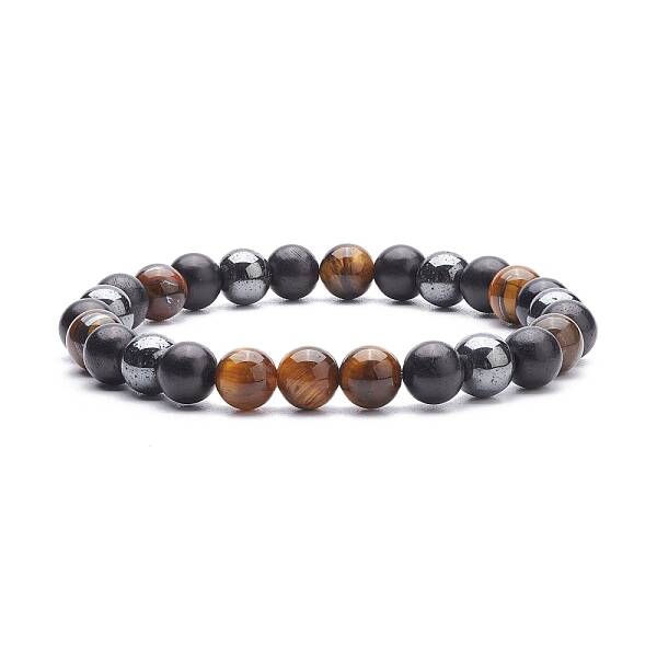 Natural Wood & Tiger Eye & Synthetic Hematite Round Beaded Stretch Bracelet