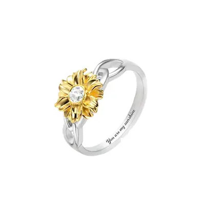 Sterling Silver Two-tone Sunflower Round Shaped Cubic Zirconia Personalized Engraving Birthstone Ring