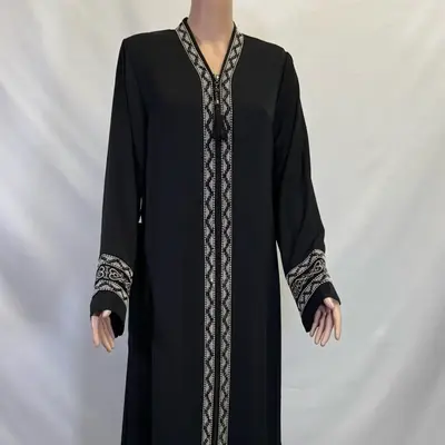 Black Embroidered Abaya with Rhinestones Long Sleeve Maxi Length with Belt Women's Fashion Dress