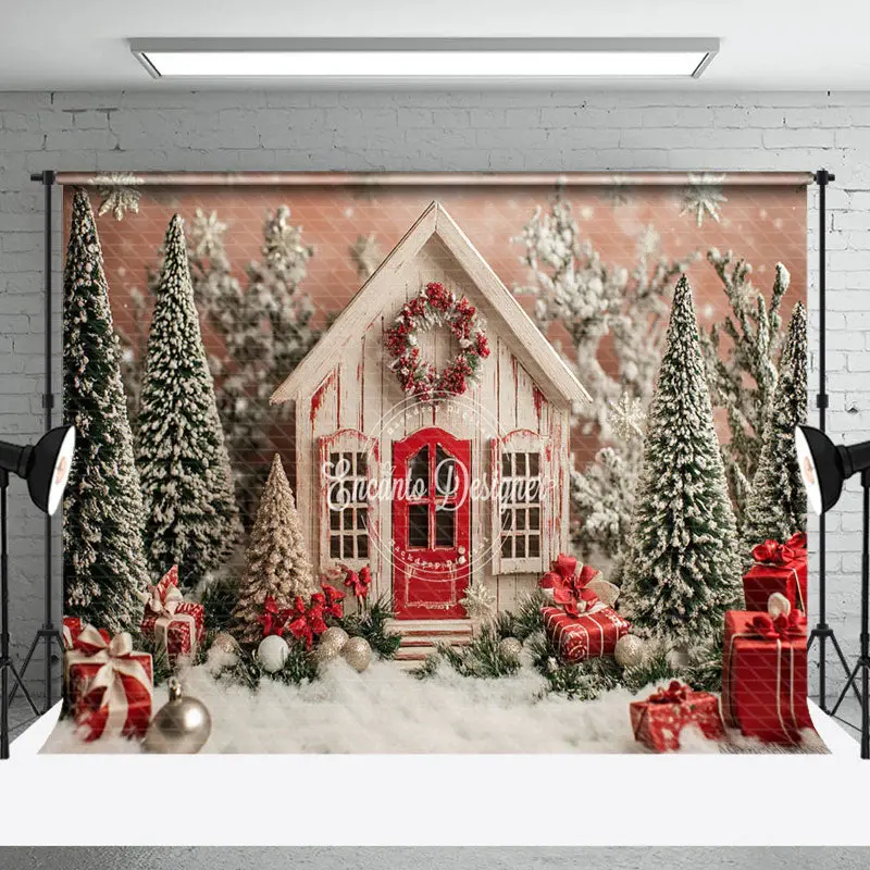 Snowy Wonderlad Christmas Tree Around Cabin Backdrop - Aperturee