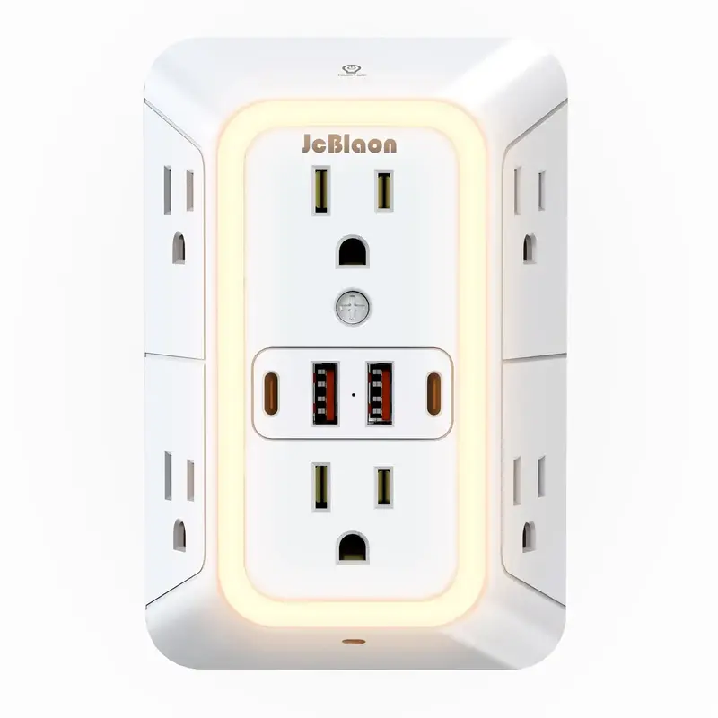 Multi Plug Outlet Surge Protector, 6 Outlet Extender with 4 USB Ports & Night Light, 3-sided Power Strip with Adapter Spaced ...