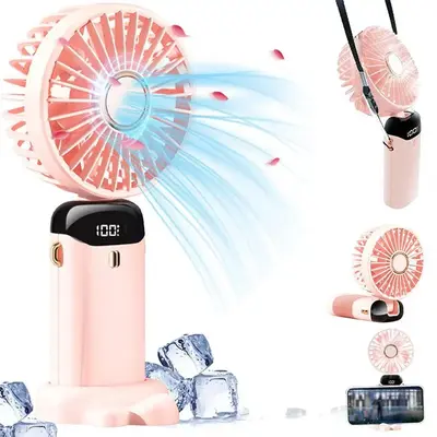 Portable Handheld Fan with 5 Wind Speeds, Personal Mini Fan with LED Power Display, USB Rechargeable Small Fan with Lanyard f...