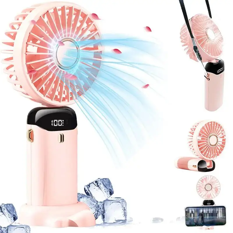 Portable Handheld Fan with 5 Wind Speeds, Personal Mini Fan with LED Power Display, USB Rechargeable Small Fan with Lanyard f...
