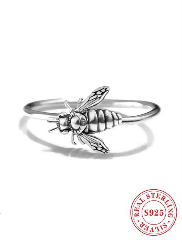 S925 Sterling Silver Cute Bee Design Ring, Fashion Jewelry for Party, Daily Clothing Decor, Trendy All-match & Exquisite Jewe...