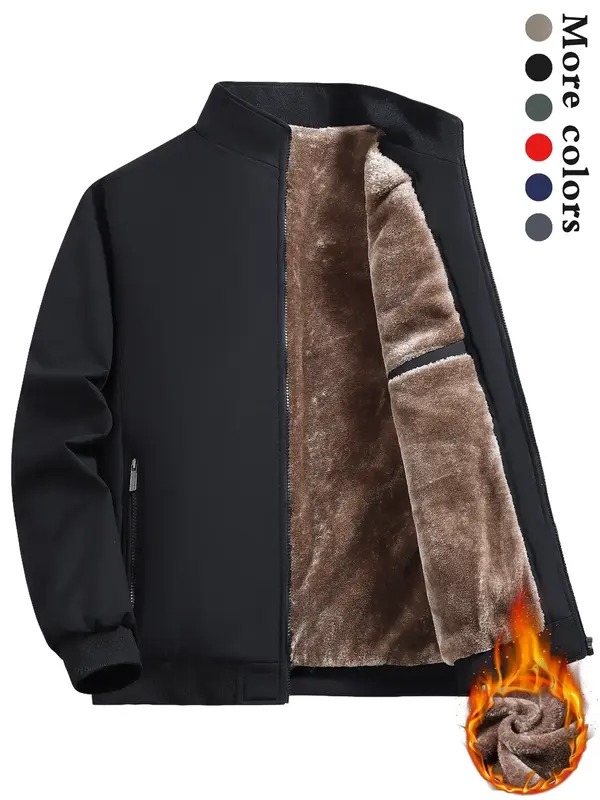 Men's Solid Color Zip Up Thermal Lined Fleece Jacket, Regular Fit Casual Long Sleeve Zip Front Outerwear for Fall & Winter, M...