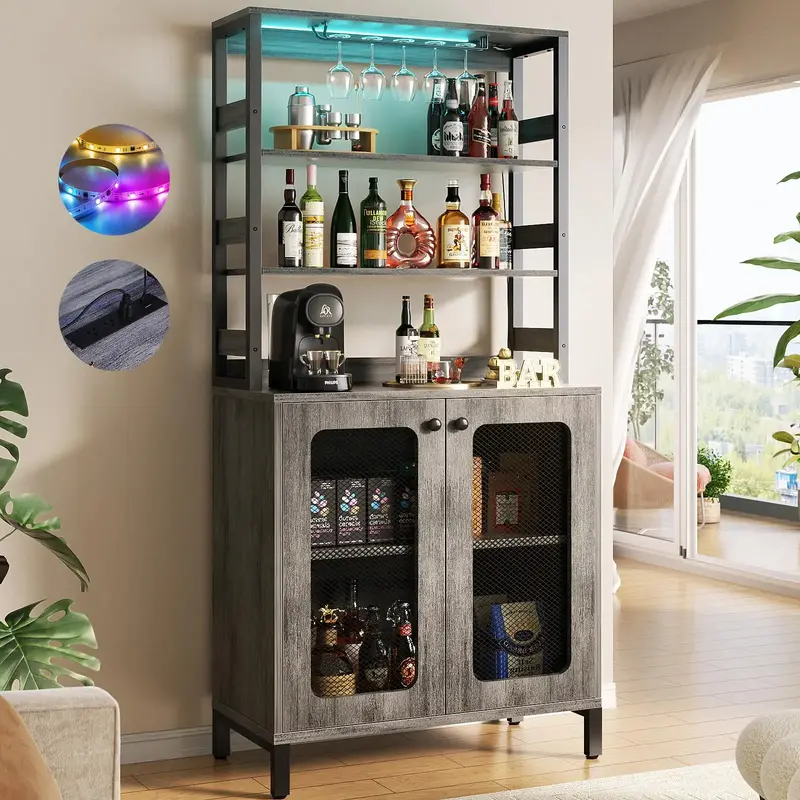 Bar Cabinet with Power Outlets, 67 Tall Wine Bar Cabinet Liquor Cabinet with LED Lights , Coffee Bar Station for Living Roo...