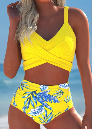 Modlily Surplice Tropical Plants Print Yellow Bikini Set - M