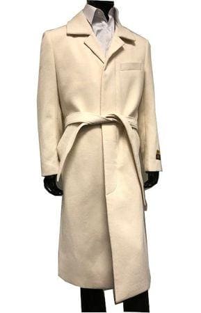 Mens Wool Belted Topcoat Winter White Full Length Belt-Coat Alberto IS