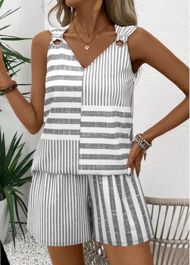 Modlily Grey Striped Sleeveless V Neck Tank Top and Shorts - S