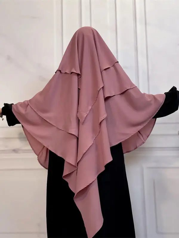 Women's Solid Color Tiered Layer Hem Chiffon Hijab, Modest Fashion Asymmetrical Hem Instant Hijab for Daily Wear, Women's Isl...