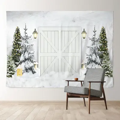 Aperturee White Wood Gate Door Snow Tree Winter Scene Backdrop