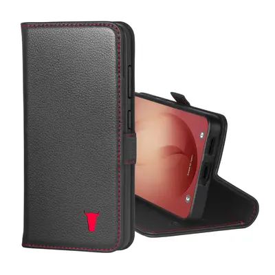 Samsung Galaxy S26 Leather Wallet Case (with Stand Function) - Black with Red Detail