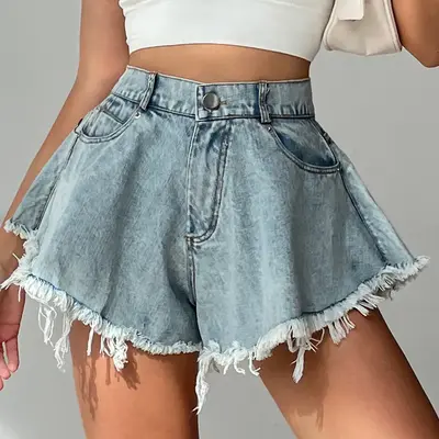 2025 Summer New Women Jeans Denim Shorts High Waist Loose Tassel Jeans