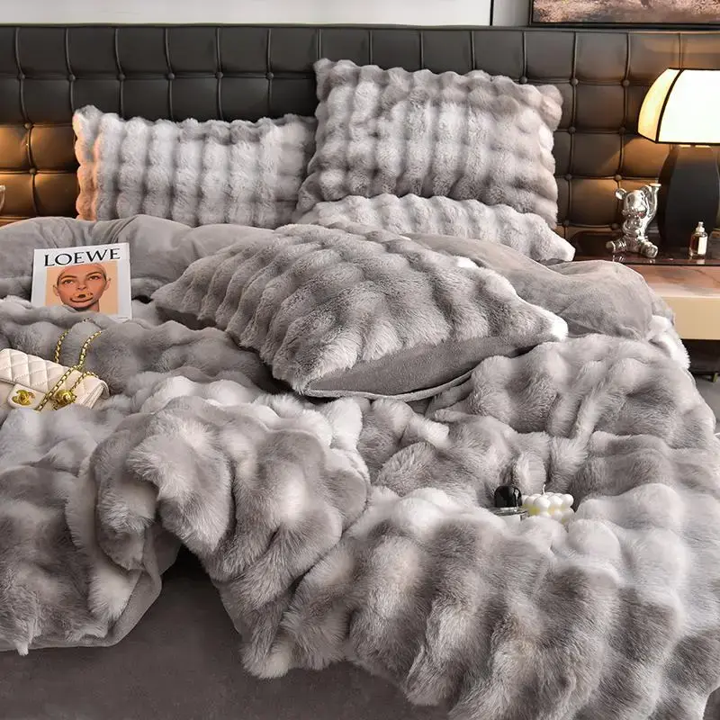 Solid Color Faux Fur Duvet Cover Set, 3 Counts/set Including 1 Duvet Cover & 1/2 Pillowcases without Filler, Room Accessories...