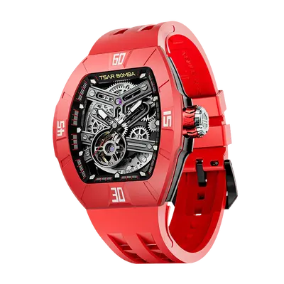 TSAR BOMBA Men's Automatic Skeleton Watch | Interchangeable Luxury Design | Dynamic Red | Atomic TB8218 | Fluororubber