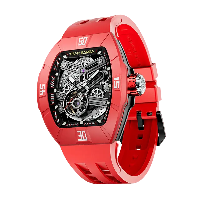 TSAR BOMBA Men's Automatic Skeleton Watch | Interchangeable Luxury Design | Dynamic Red | Atomic TB8218 | Fluororubber
