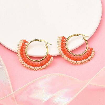 304 Stainless Steel & Bohemian Beaded Fan Hoop Earrings for Women