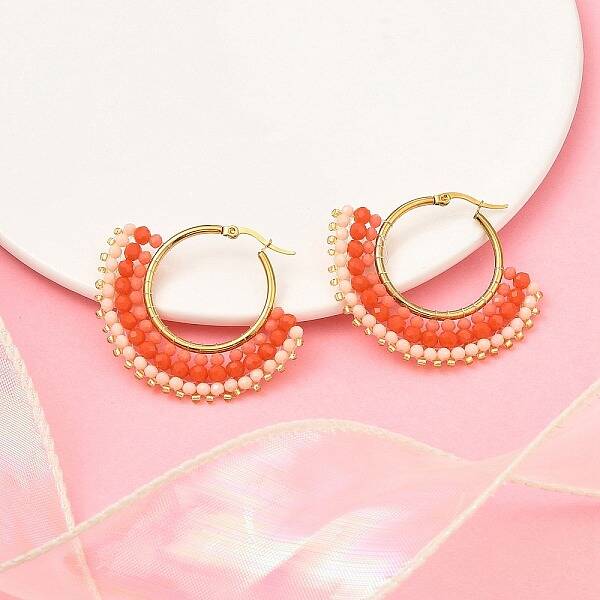 304 Stainless Steel & Bohemian Beaded Fan Hoop Earrings for Women