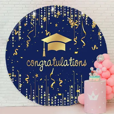 (Clearance | Ship In 24HR) Gold Mortarboard Blue Circle Congrats Grad Backdrop